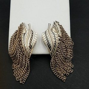 Vintage Double Leaf  Chain Fringe Clip Earrings